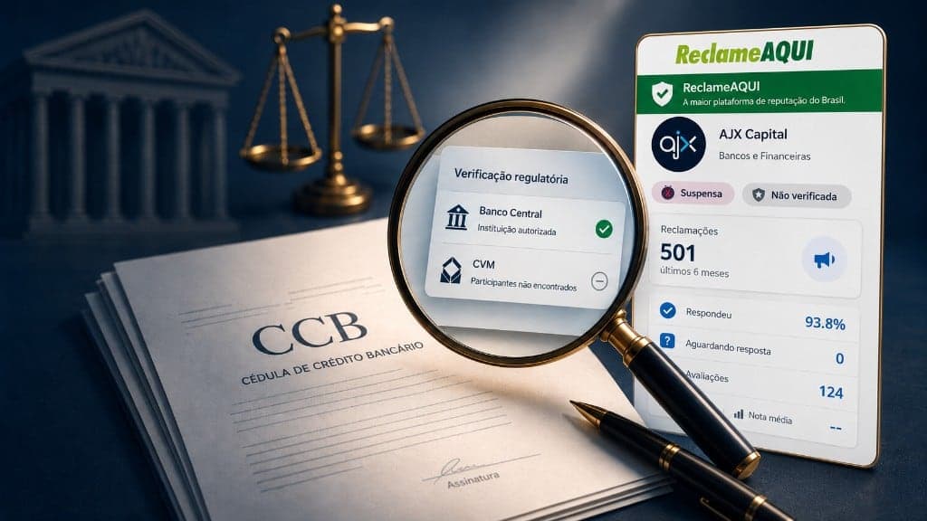 AJX Capital e CCB vencida — cuidados jurídicos antes de investir Ilustração de cédula de crédito bancário CCB com lupa sobre consulta regulatória CVM e Banco Central e tela do Reclame Aqui da AJX Capital