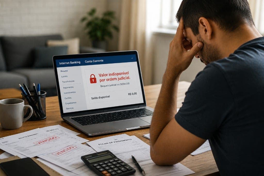 Bloqueio judicial em conta corrente o que fazer — valor indisponível por ordem judicial Homem preocupado diante de notebook com internet banking exibindo bloqueio judicial via SISBAJUD, boletos vencidos e folha de pagamento na mesa