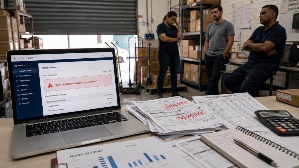 Bloqueio judicial em conta PJ o que fazer — saldo indisponível e operação travada Notebook com internet banking exibindo aviso “Valor indisponível por ordem judicial” em conta PJ, ao lado de boletos vencidos e folha de pagamento em ambiente empresarial