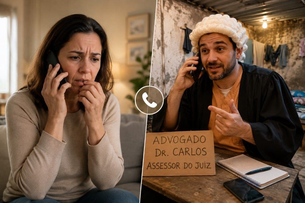 Caí no golpe do falso advogado - o que fazer para recuperar o dinheiro Vítima preocupada ao telefone e golpista fantasiado de advogado se passando por assessor do juiz no golpe do falso advogado.
