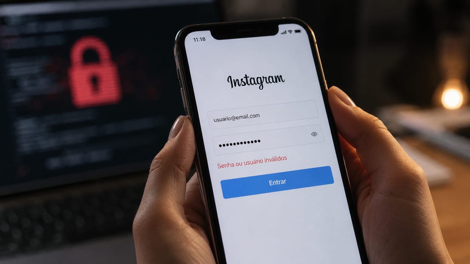 Conta do Instagram hackeada — o que fazer e quando buscar ajuda jurídica Tela de login do Instagram com aviso de senha ou usuário inválidos e cadeado vermelho ao fundo, simbolizando conta do Instagram hackeada