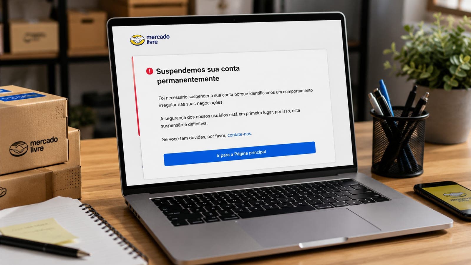 Conta suspensa no Mercado Livre — como resolver e quando buscar ajuda jurídica Notebook exibindo o aviso “Suspendemos sua conta permanentemente” do Mercado Livre sobre uma mesa de vendedor com caixas de envio