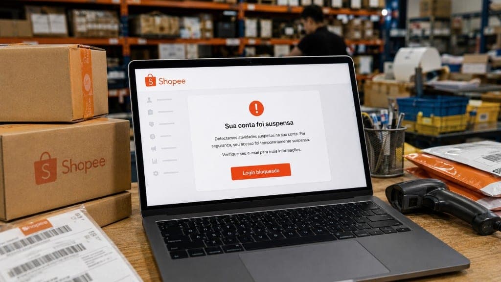 Conta suspensa na Shopee o que fazer — quando buscar ajuda jurídica Notebook em mesa de expedição exibindo o aviso “Sua conta foi suspensa” da Shopee Seller Center com login bloqueado