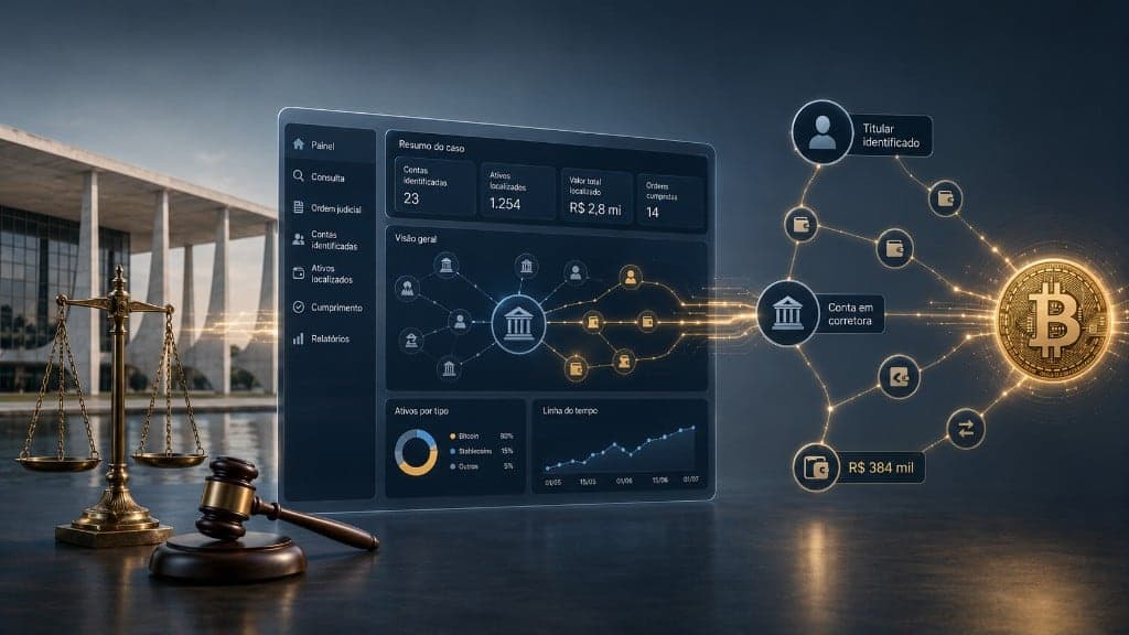 CriptoJud: painel de rastreamento e bloqueio de criptoativos Painel do CriptoJud com balança da justiça, rede de contas em corretoras e Bitcoin — rastreamento de criptoativos pelo Judiciário brasileiro