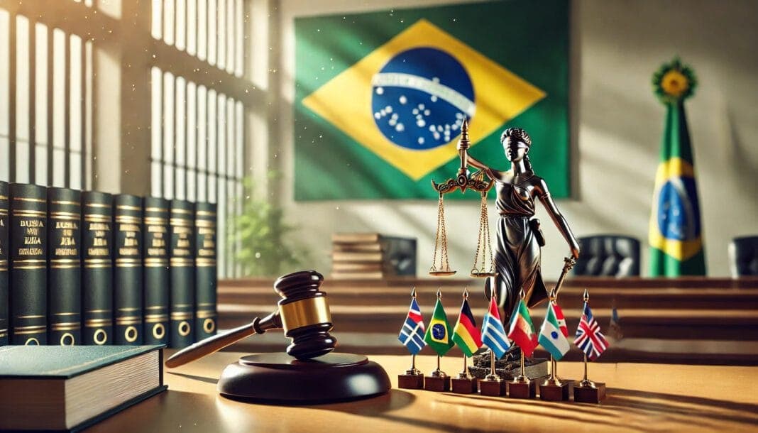 Homologação de Sentença Estrangeira Imagem com martelo de juiz, balança da justiça e bandeiras de várias nações ao fundo, representando a homologação de sentença estrangeira pelo STJ.