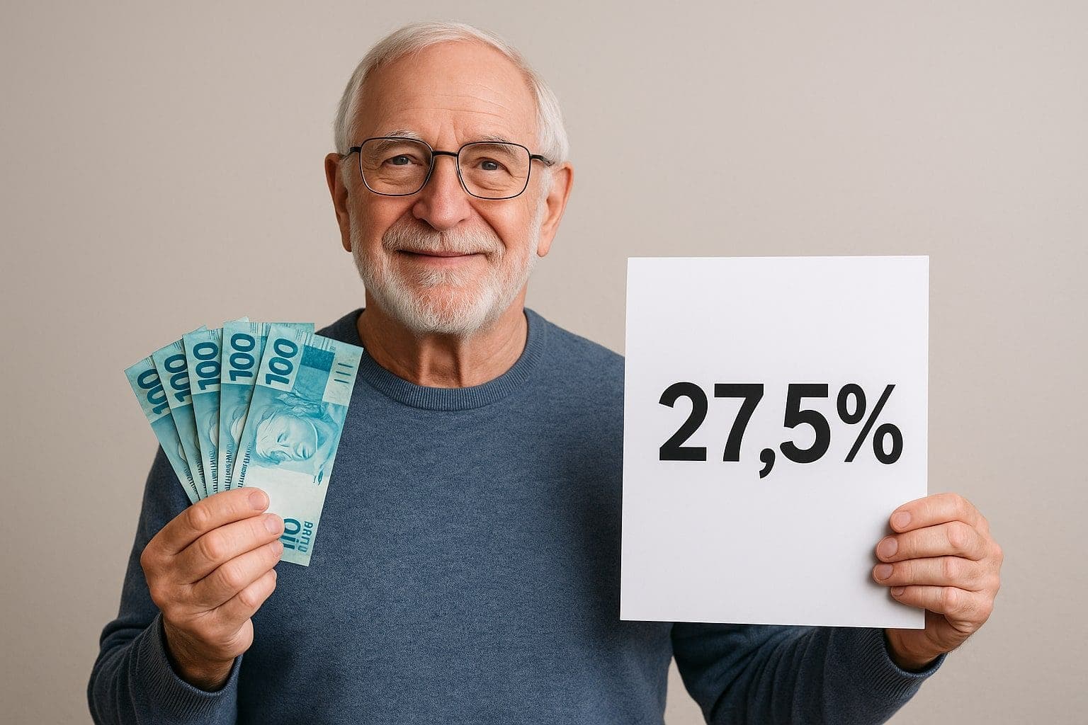 Isenção do Imposto de Renda por Doença Grave: Guia Completo com Explicações, Direitos e Dúvidas Frequentes Idoso segurando notas de reais e documento com 27,5%, representando a isenção de imposto de renda doença grave