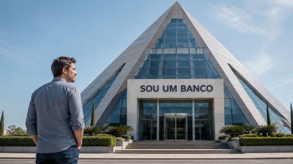 Esquema Ponzi: aparência de banco, estrutura de fraude Edifício pirâmide com placa Sou um Banco — parece sólido, esconde um golpe