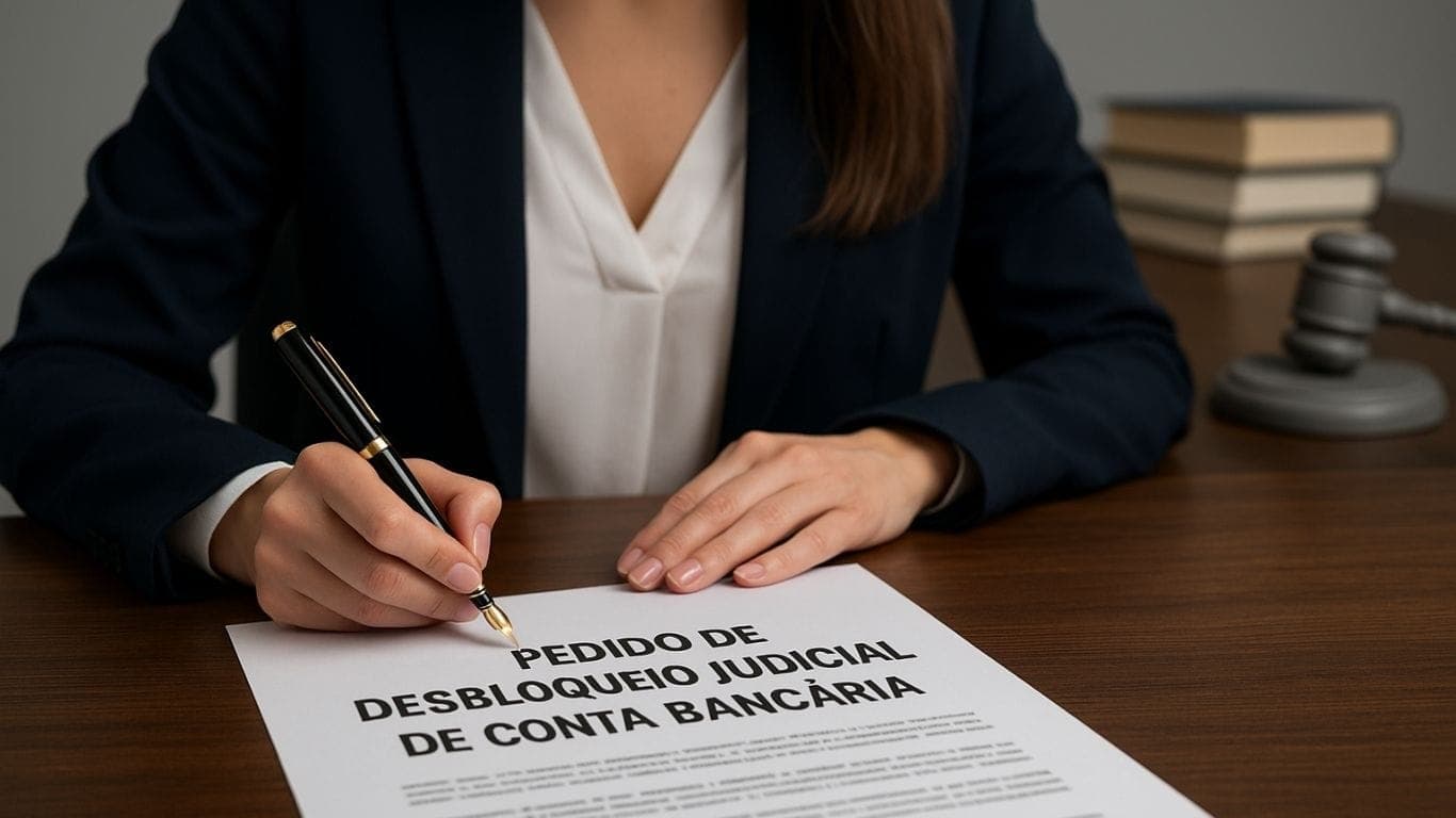 Pedido de Desbloqueio Judicial de Conta Bancária: Entenda Como Funciona e Como Solicitar Advogada assinando pedido de desbloqueio judicial de conta bancária com documentos e martelo do juiz sobre a mesa