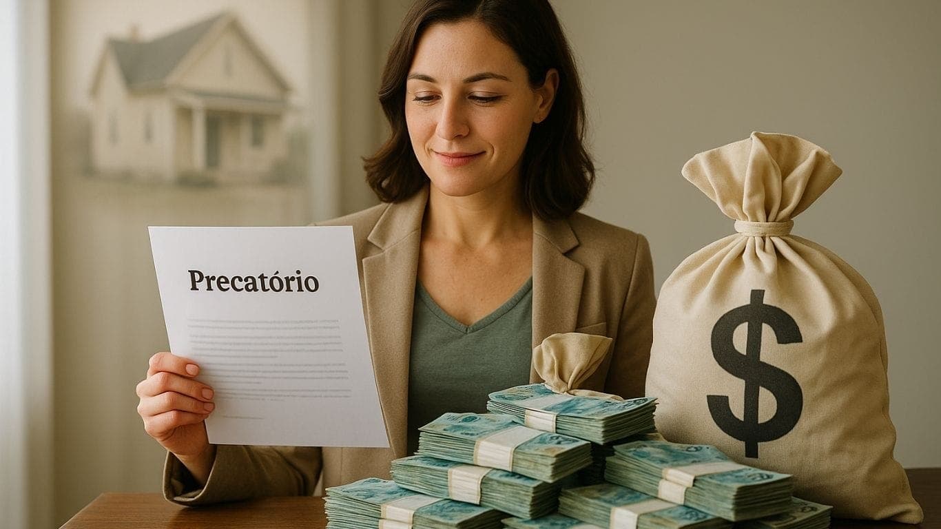 Vender Precatório: Quando Vale a Pena, Como Fazer com Segurança e Onde Buscar Orientação Jurídica Mulher segurando documento de precatório ao lado de pilhas de dinheiro, representando o processo de vender precatório com segurança.