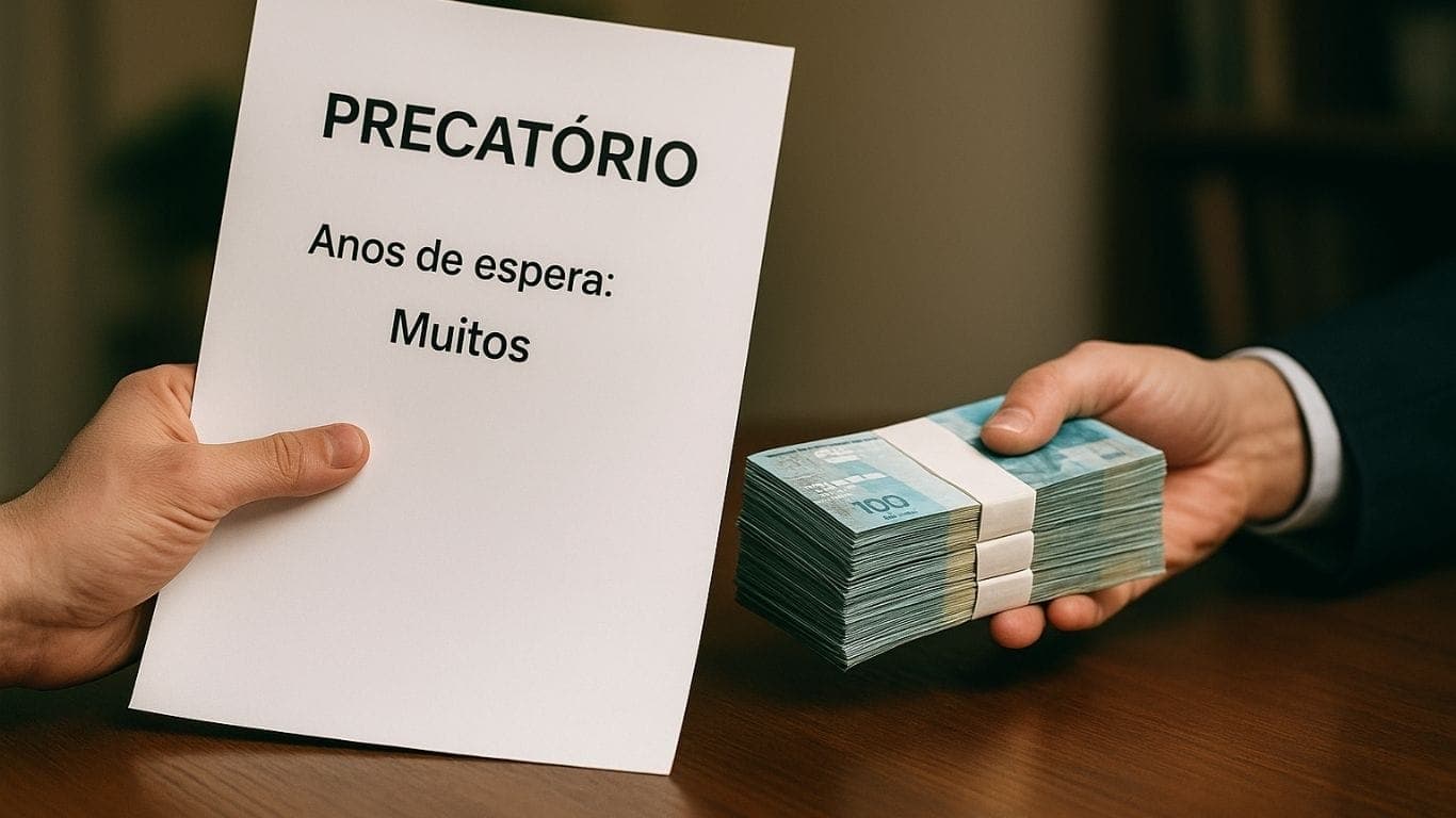 Vender Precatório: Guia Completo para Receber seu Dinheiro com Segurança e Rapidez Troca de precatório por dinheiro em mesa de escritório, representando venda com pagamento imediato.