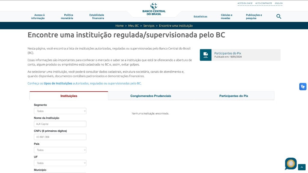 Consulta no Banco Central em 18/05/2026 por AJX Capital e CNPJ 42.697.069 sem instituição encontrada
