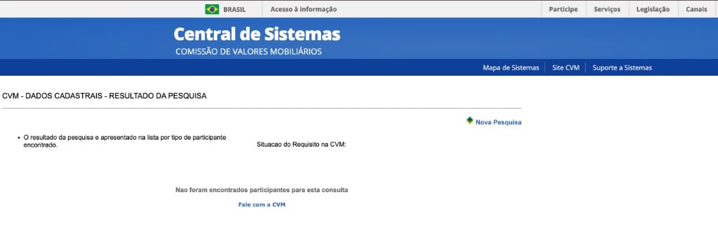 Consulta pública na CVM em 18/05/2026 sem participantes encontrados para a pesquisa realizada
