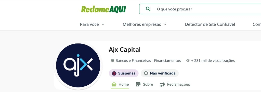 Detalhe do perfil AJX Capital no Reclame Aqui com selos Suspensa e Não verificada