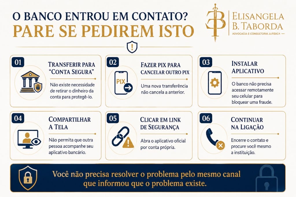 Infográfico com seis pedidos que indicam golpe quando o banco entra em contato: conta segura, Pix para cancelar Pix, instalar aplicativo, compartilhar tela, clicar em link e continuar na ligação