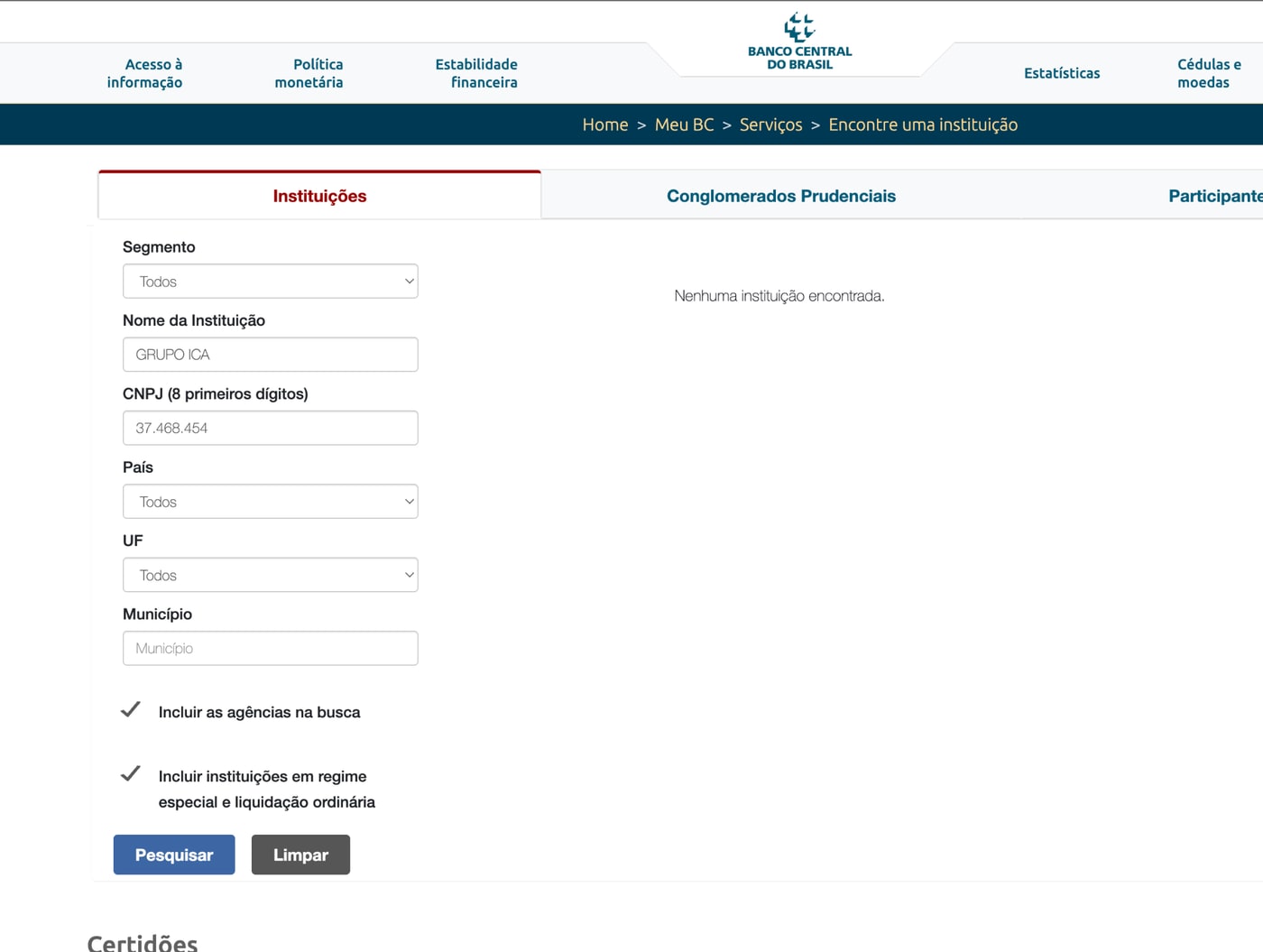 Consulta ao Banco Central indicando nenhuma instituição encontrada para Grupo ICA e CNPJ 37.468.454