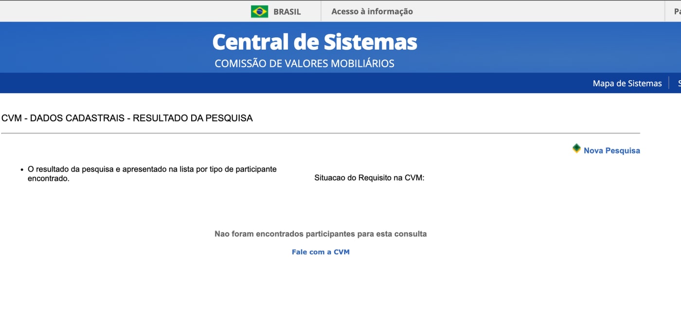 Consulta à CVM indicando ausência de participantes encontrados para o nome pesquisado