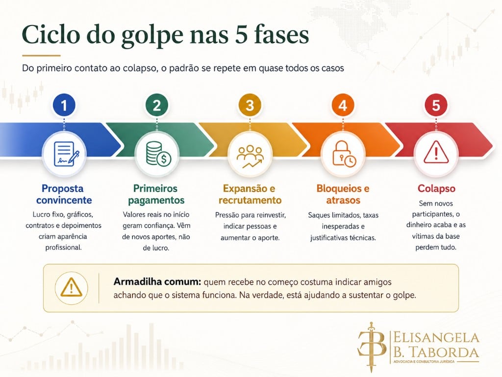 Infográfico do ciclo do golpe em 5 fases: proposta, pagamentos, expansão, bloqueios e colapso