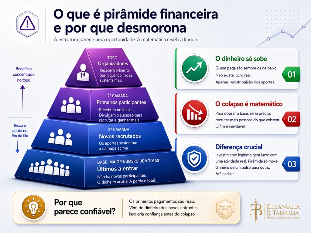 Infográfico da pirâmide financeira: organizadores no topo, vítimas na base