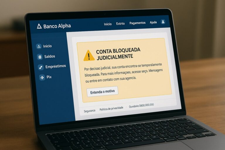 Laptop em ambiente doméstico exibindo mensagem de alerta de conta bloqueada judicialmente na tela do internet banking.