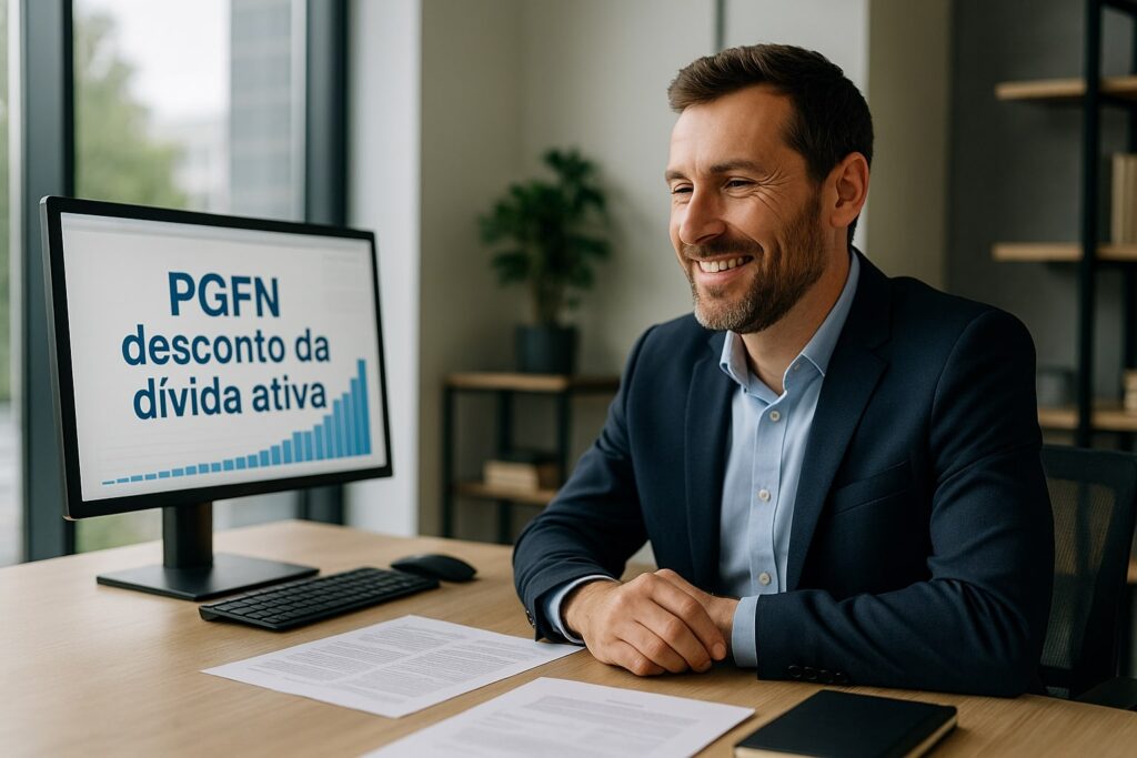 Empresário sorridente em escritório moderno olhando para o monitor com o texto “PGFN desconto da dívida ativa” e gráfico ascendente, transmitindo alívio ao regularizar dívidas tributárias.