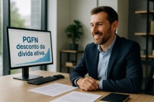 Empresário sorridente em escritório moderno olhando para o monitor com o texto “PGFN desconto da dívida ativa” e gráfico ascendente, transmitindo alívio ao regularizar dívidas tributárias.