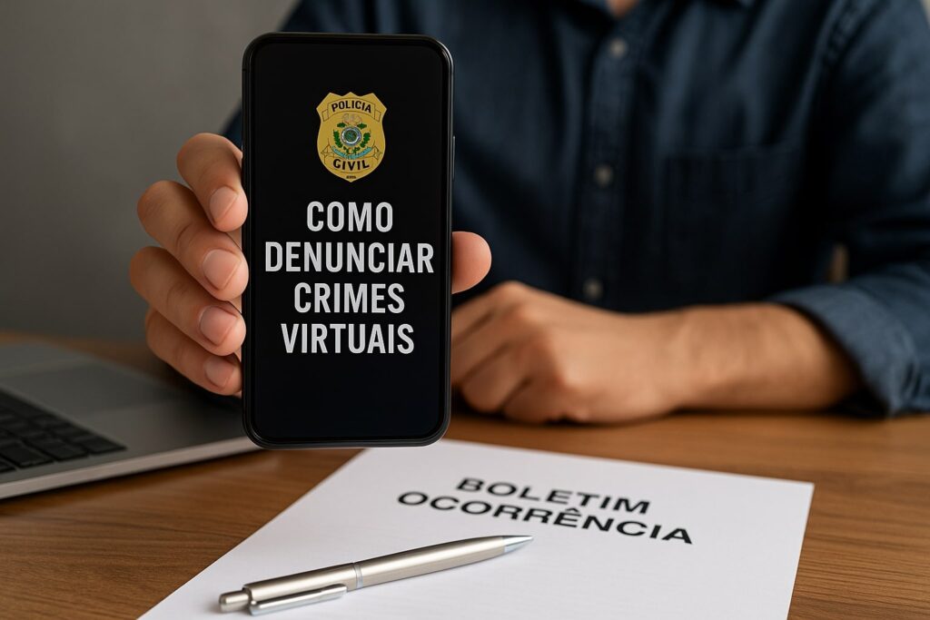 Homem segurando celular com a mensagem “Como denunciar crimes virtuais” e brasão da polícia na tela, ilustrando denúncia de golpes digitais.