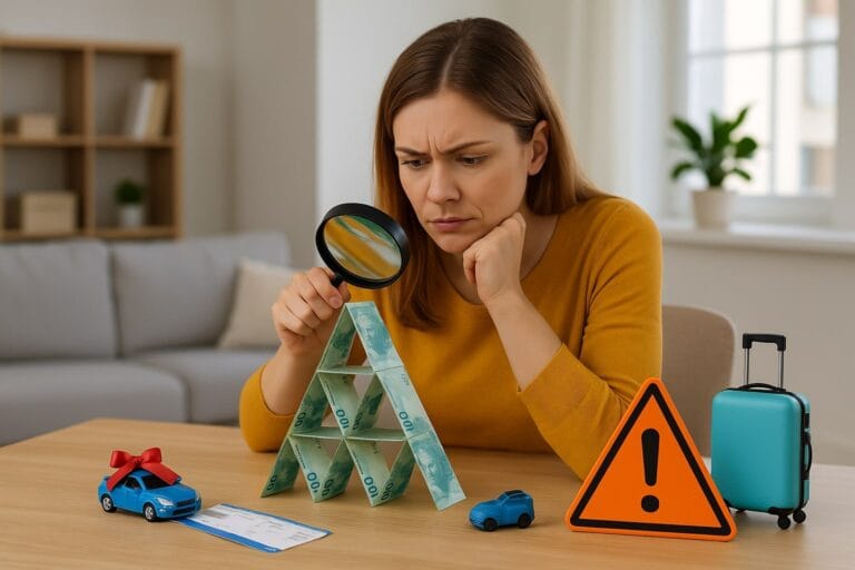 Mulher brasileira analisando uma pirâmide de notas de real em escritório moderno, com lupa, miniatura de carro com chave e mala de viagem ao lado e sinal de alerta laranja ao fundo.